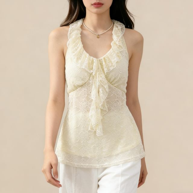 Halter V-Neck Lace Ruffle Camisole