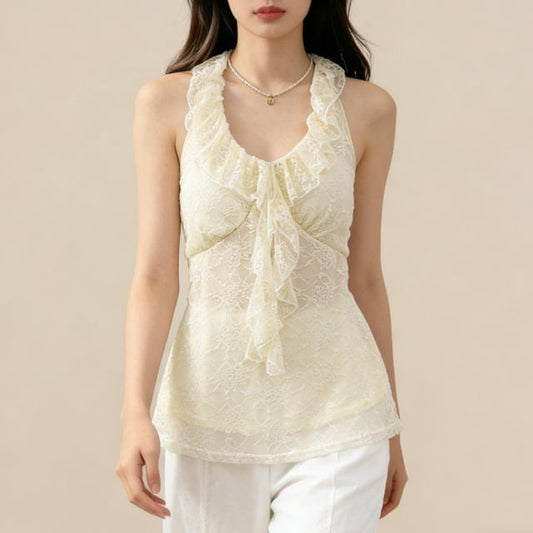 Halter V-Neck Lace Ruffle Camisole