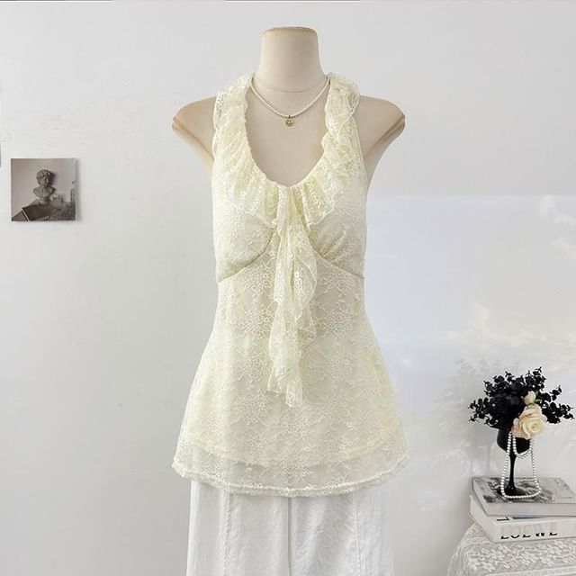 Halter V-Neck Lace Ruffle Camisole
