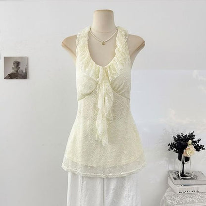 Halter V-Neck Lace Ruffle Camisole