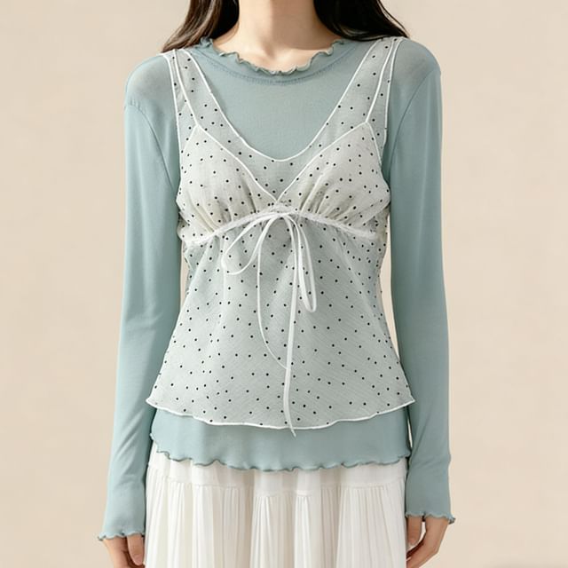 Crew Neck Ruffle Trim Top & Dotted Sheer Camisole Set