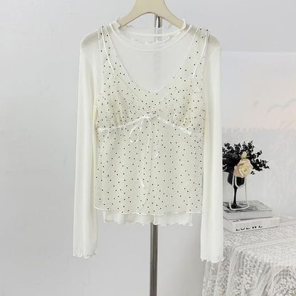 Crew Neck Ruffle Trim Top & Dotted Sheer Camisole Set