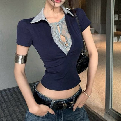 Short-Sleeve Plain Lace Panel Crop Polo Shirt