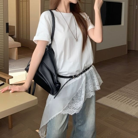 Short Sleeve Round Neck Plain Lace Trim Tunic T-shirt