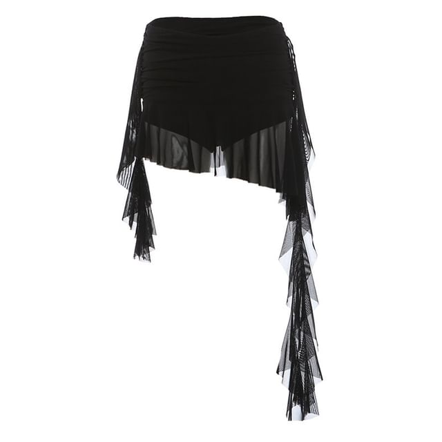 Ruched Panel Mesh Camisole, Long-Sleeve Shrug & Asymmetrical Ruffle Skirt