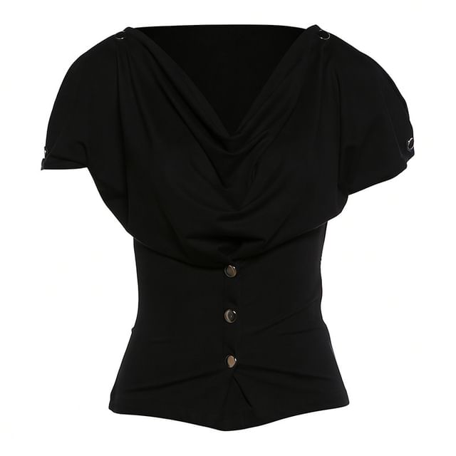 Cowl-Neck Short-Sleeve Button Top