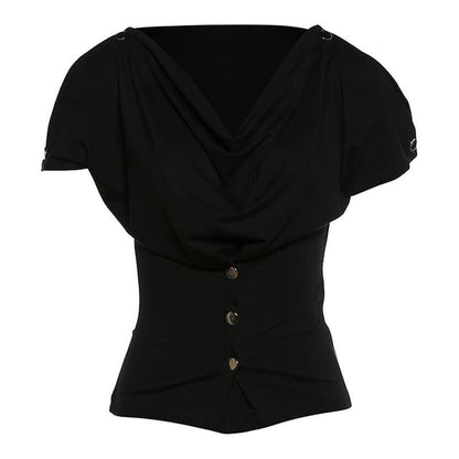 Cowl-Neck Short-Sleeve Button Top