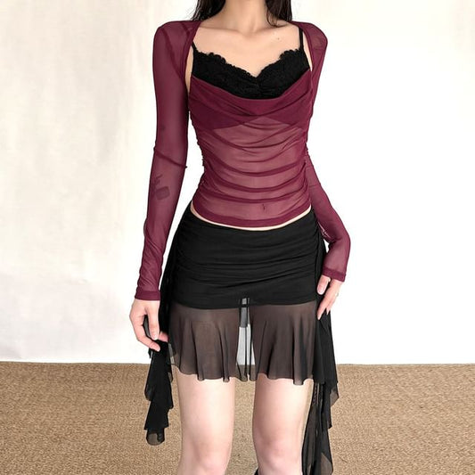 Ruched Panel Mesh Camisole, Long-Sleeve Shrug & Asymmetrical Ruffle Skirt