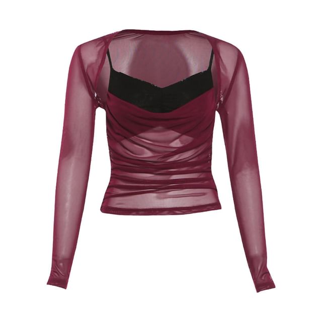 Ruched Panel Mesh Camisole, Long-Sleeve Shrug & Asymmetrical Ruffle Skirt