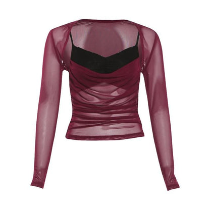 Ruched Panel Mesh Camisole, Long-Sleeve Shrug & Asymmetrical Ruffle Skirt