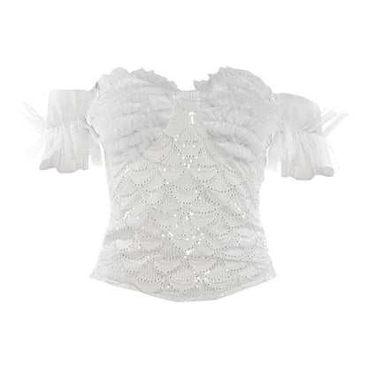 Strapless Beaded Lace Top & Ruffle Mesh Mini Skirt Set