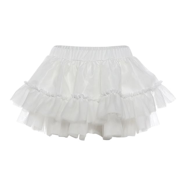 Strapless Beaded Lace Top & Ruffle Mesh Mini Skirt Set