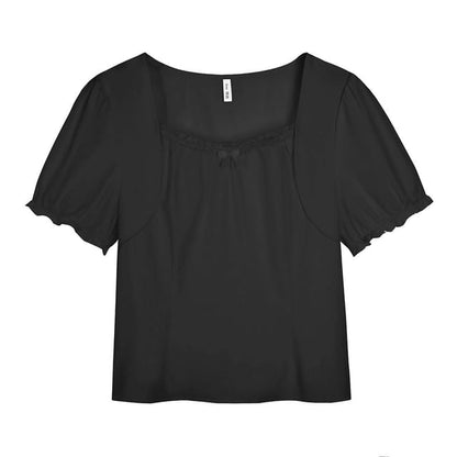Plus Size Short-Sleeve Square Neck Plain Lace Trim Top