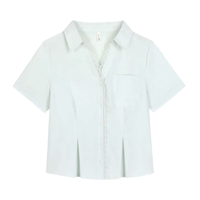 Plus Size Short-Sleeve Collared Lace Trim Button Up Shirt