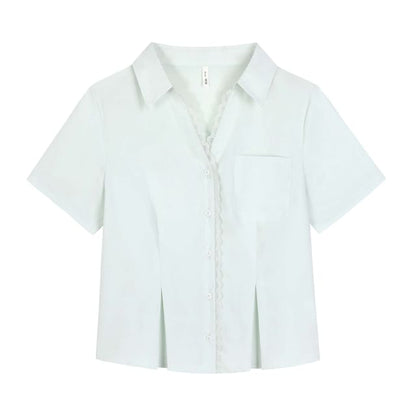 Plus Size Short-Sleeve Collared Lace Trim Button Up Shirt