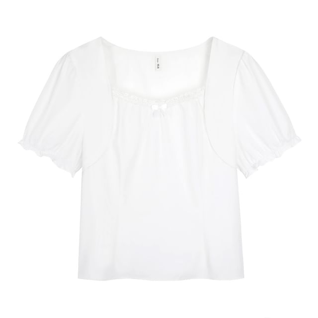 Plus Size Short-Sleeve Square Neck Plain Lace Trim Top