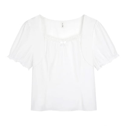Plus Size Short-Sleeve Square Neck Plain Lace Trim Top