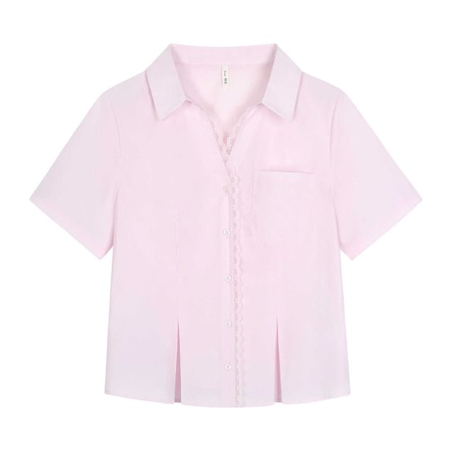 Plus Size Short-Sleeve Collared Lace Trim Button Up Shirt
