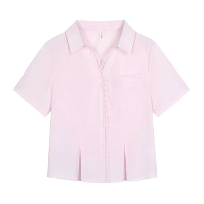 Plus Size Short-Sleeve Collared Lace Trim Button Up Shirt