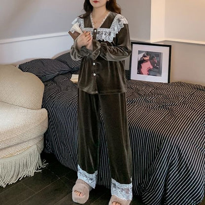 [XL-4XL] Pajama Set: Long-Sleeve Velvet Lace Trim Top + Pants