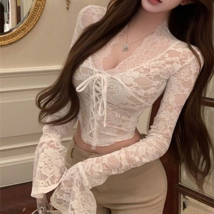 V-Neck Lace Crop Top with Long Sleeves
