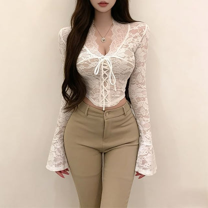 V-Neck Lace Crop Top with Long Sleeves