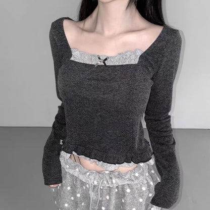 Mock Two-Piece Long-Sleeve Square Neck Lace Trim Crop Top