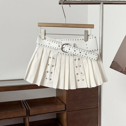 Mid Rise Plain Belted Mini Pleated Skirt