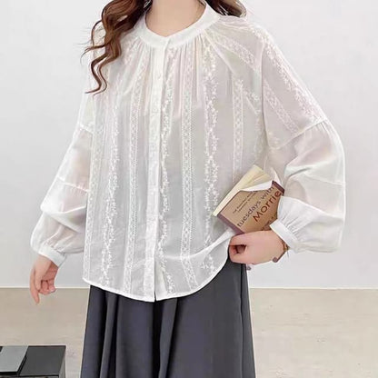 Long-Sleeve Collarless Lace Shirt
