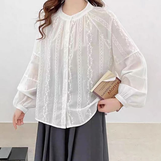 Long-Sleeve Collarless Lace Shirt