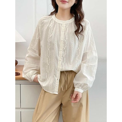 Long-Sleeve Collarless Lace Shirt