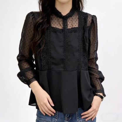 Long-Sleeve Mock Neck Plain Polka Dot Panel Lace Trim Tunic Blouse