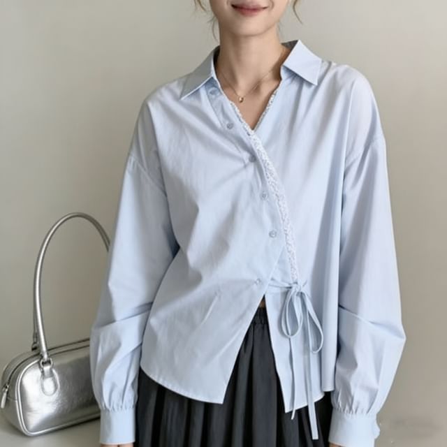 Long-Sleeve V-Neck Plain Lace Trim Front-Slit Wrap Shirt