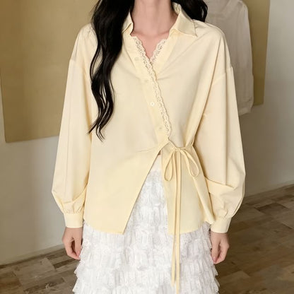 Long-Sleeve V-Neck Plain Lace Trim Front-Slit Wrap Shirt