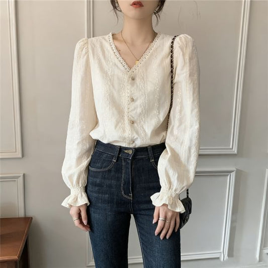 Puff-Sleeve V-Neck Plain Lace Trim Blouse