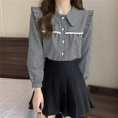 Long-Sleeve Gingham Lace Trim Ruffle Shirt