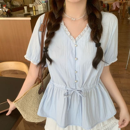 Short-Sleeve V-Neck Plain Lace Trim Peplum Blouse