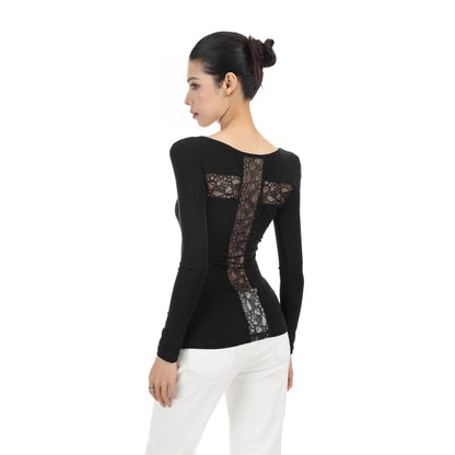 Long-Sleeve Scoop Neck Lace Panel Slim Fit T-Shirt