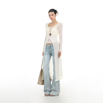 Mock Two-Piece Long-Sleeve V-Neck Button-Up Slit Lace Long Top