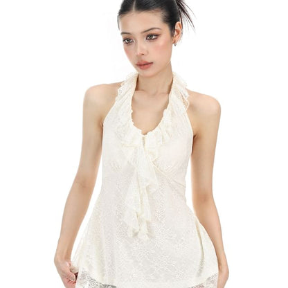 Halter V-Neck Ruffle Trim Open Back Lace Top