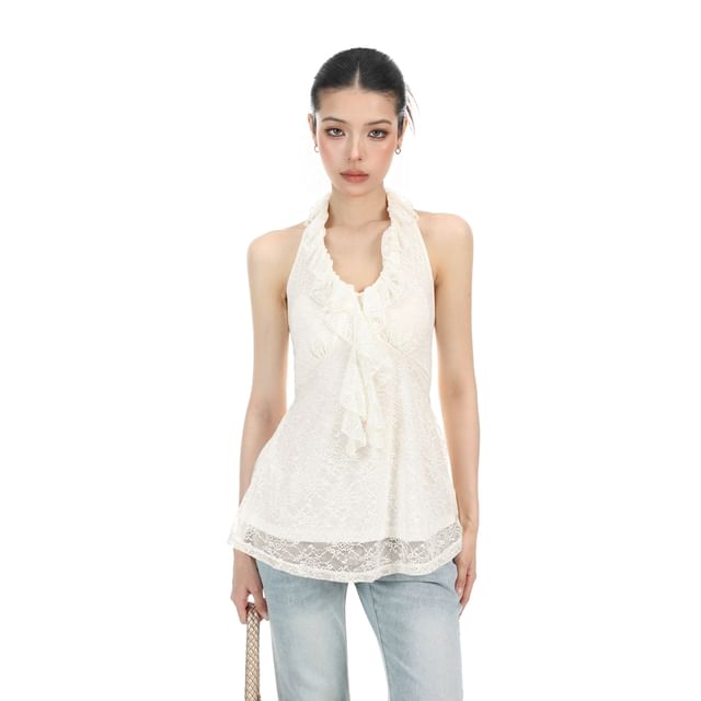 Halter V-Neck Ruffle Trim Open Back Lace Top