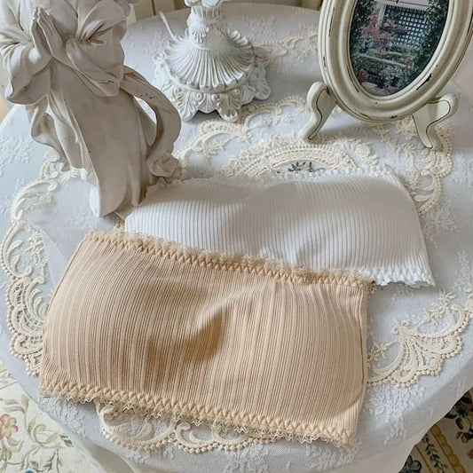 Plain Lace Trim Ribbed Bandeau Bra Top