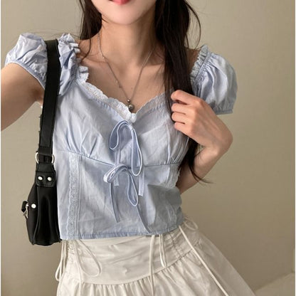 Short-Sleeve V-Neck Plain Lace Trim Blouse
