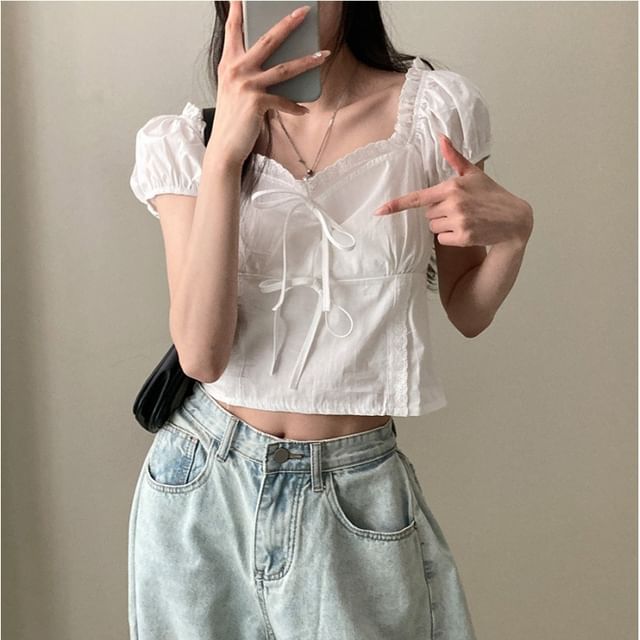 Short-Sleeve V-Neck Plain Lace Trim Blouse