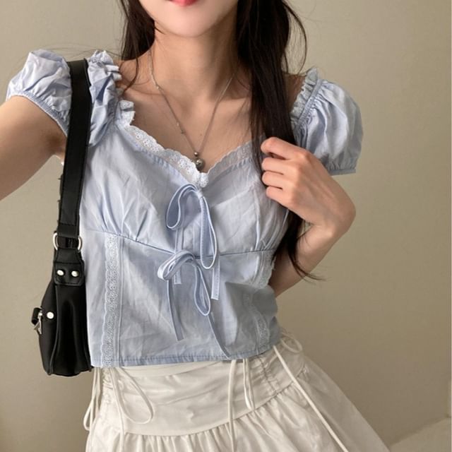 Short-Sleeve V-Neck Plain Lace Trim Blouse