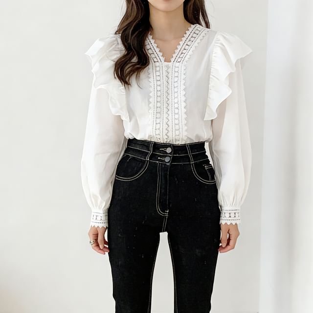 Puff-Sleeve V-Neck Lace Trim Ruffled Blouse