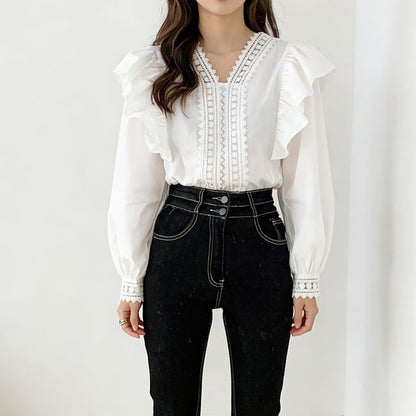 Puff-Sleeve V-Neck Lace Trim Ruffled Blouse