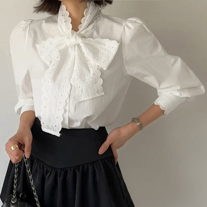 Puff-Sleeve Stand Collar Lace Tie-Neck Plain Button-Up Blouse
