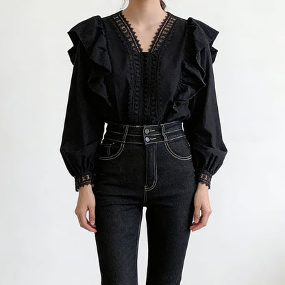 Puff-Sleeve V-Neck Lace Trim Ruffled Blouse