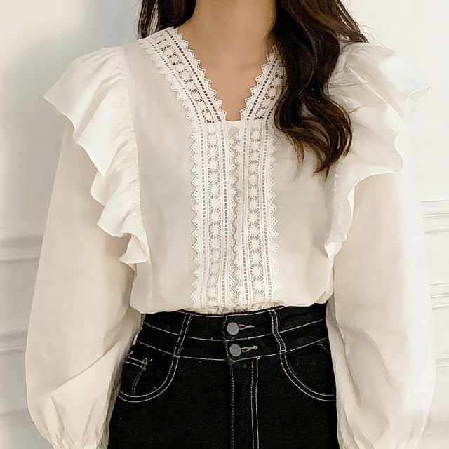 Puff-Sleeve V-Neck Lace Trim Ruffled Blouse